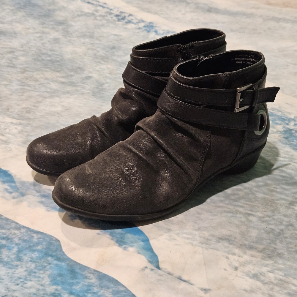 Axioms Women's Black Ankle Booties Side Zip Buckle Accent Low Heel Size 8.5